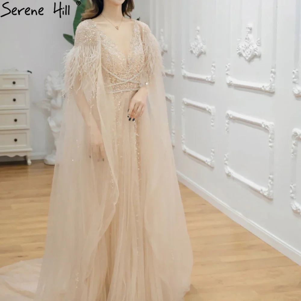 Luxus Dubai Grau Abend Formale Kleider mit Feder Cape Schal Gold Arabisch Frauen Hochzeit Party Kleider Lange LA70640 
