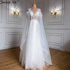 Luxus Dubai Grau Abend Formale Kleider mit Feder Cape Schal Gold Arabisch Frauen Hochzeit Party Kleider Lange LA70640 