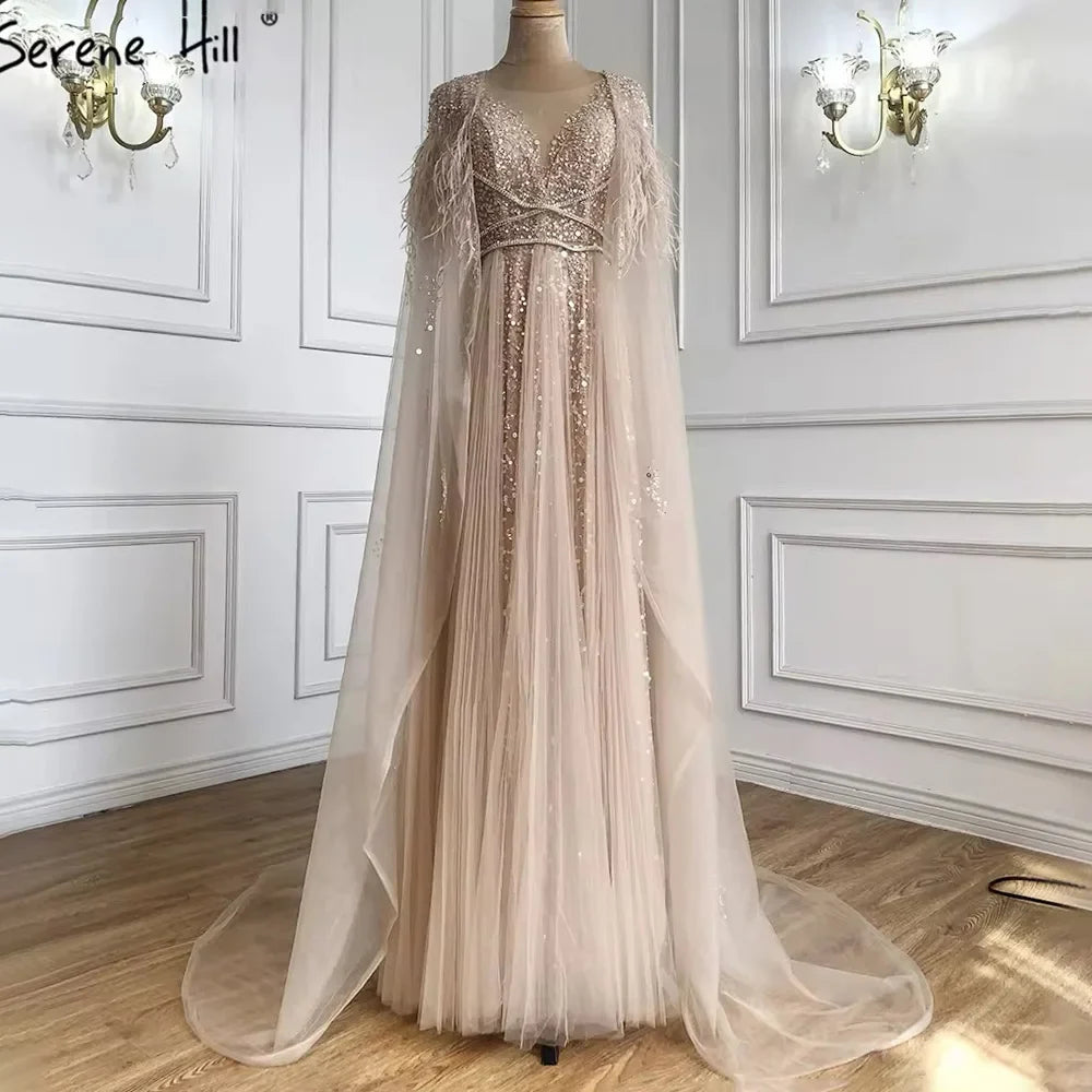 Luxus Dubai Grau Abend Formale Kleider mit Feder Cape Schal Gold Arabisch Frauen Hochzeit Party Kleider Lange LA70640 