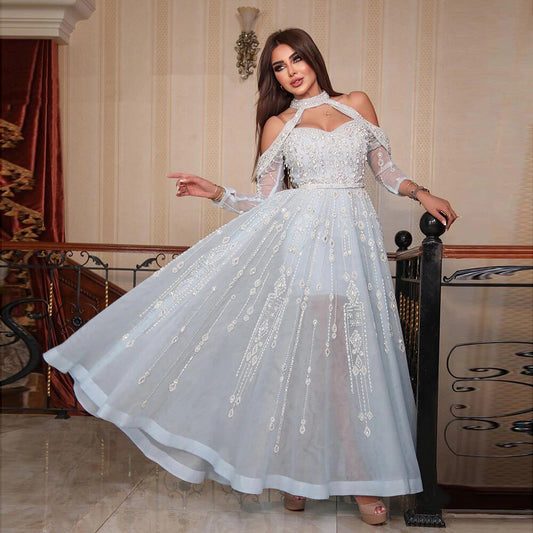 Luxus Dubai Hellblau Abendkleid für Frauen Hochzeit Elegante Schulterfrei Perlen Formale Partykleider LA72003 