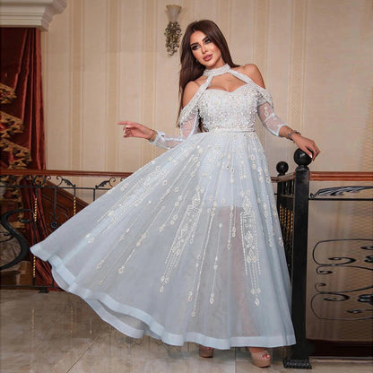 Luxus Dubai Hellblau Abendkleid für Frauen Hochzeit Elegante Schulterfrei Perlen Formale Partykleider LA72003 
