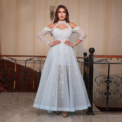 Luxus Dubai Hellblau Abendkleid für Frauen Hochzeit Elegante Schulterfrei Perlen Formale Partykleider LA72003 