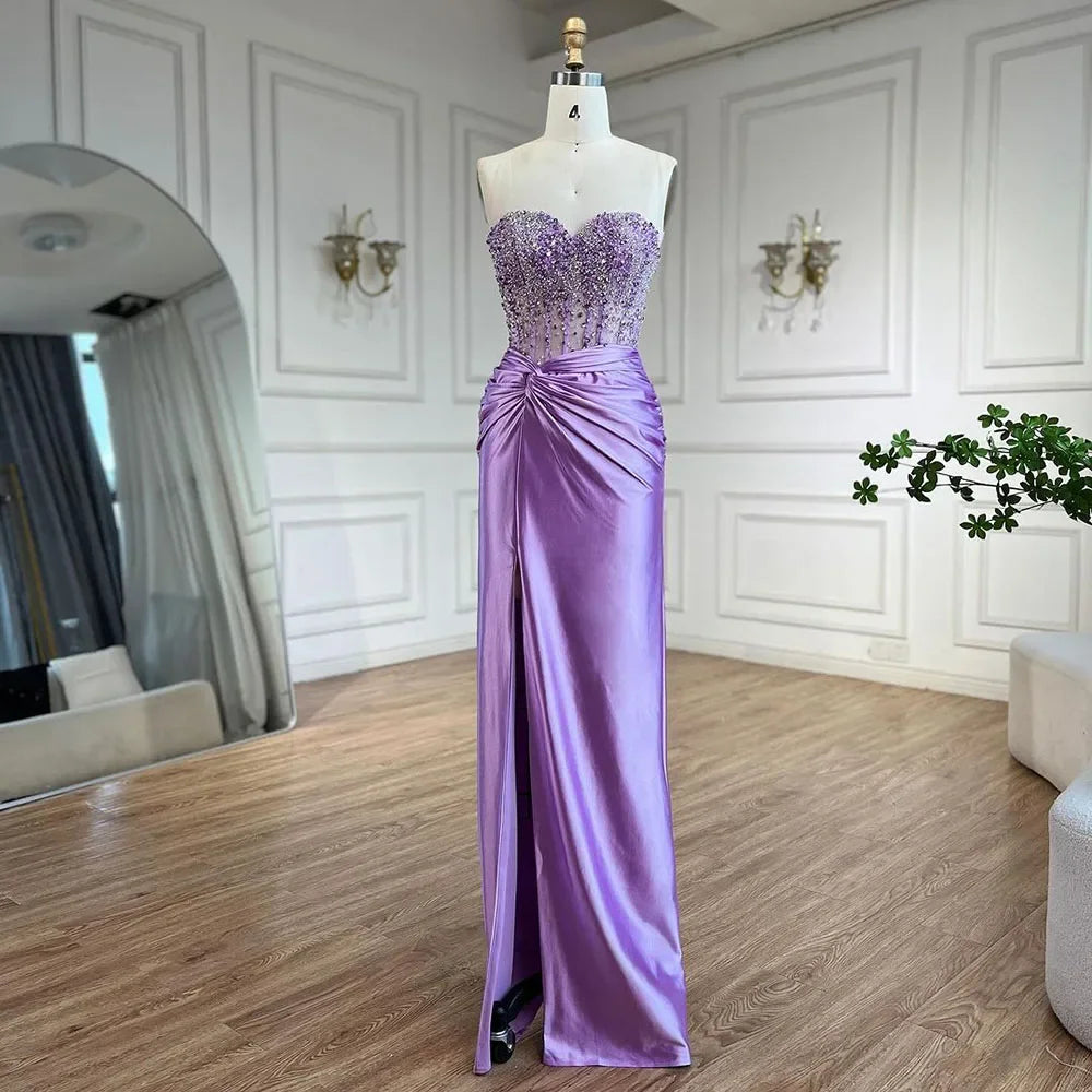 Luxus Dubai Lila Split Trägerlose Meerjungfrau Perlen Arabische Abendkleider Kleider für Frauen Hochzeit Party 2025 LA72329 