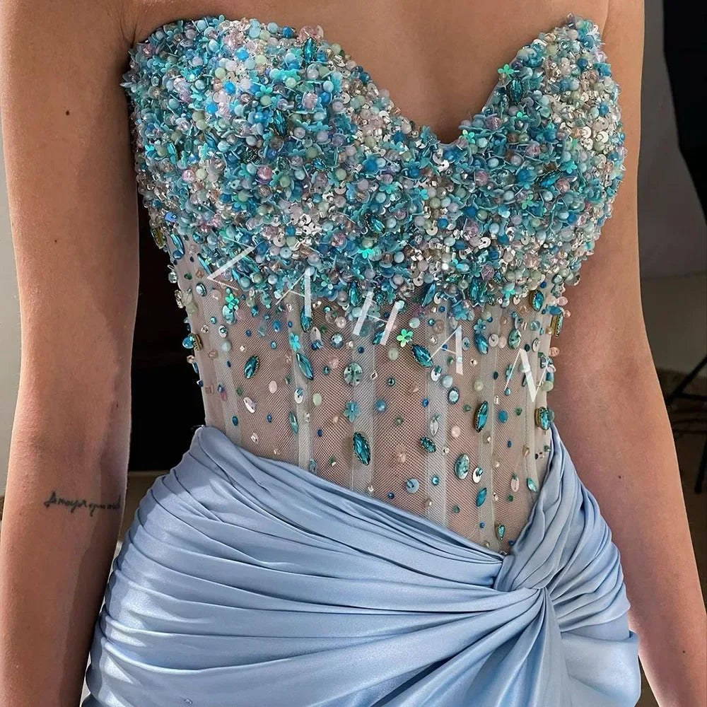 Luxus Dubai Lila Split Trägerlose Meerjungfrau Perlen Arabische Abendkleider Kleider für Frauen Hochzeit Party 2025 LA72329 