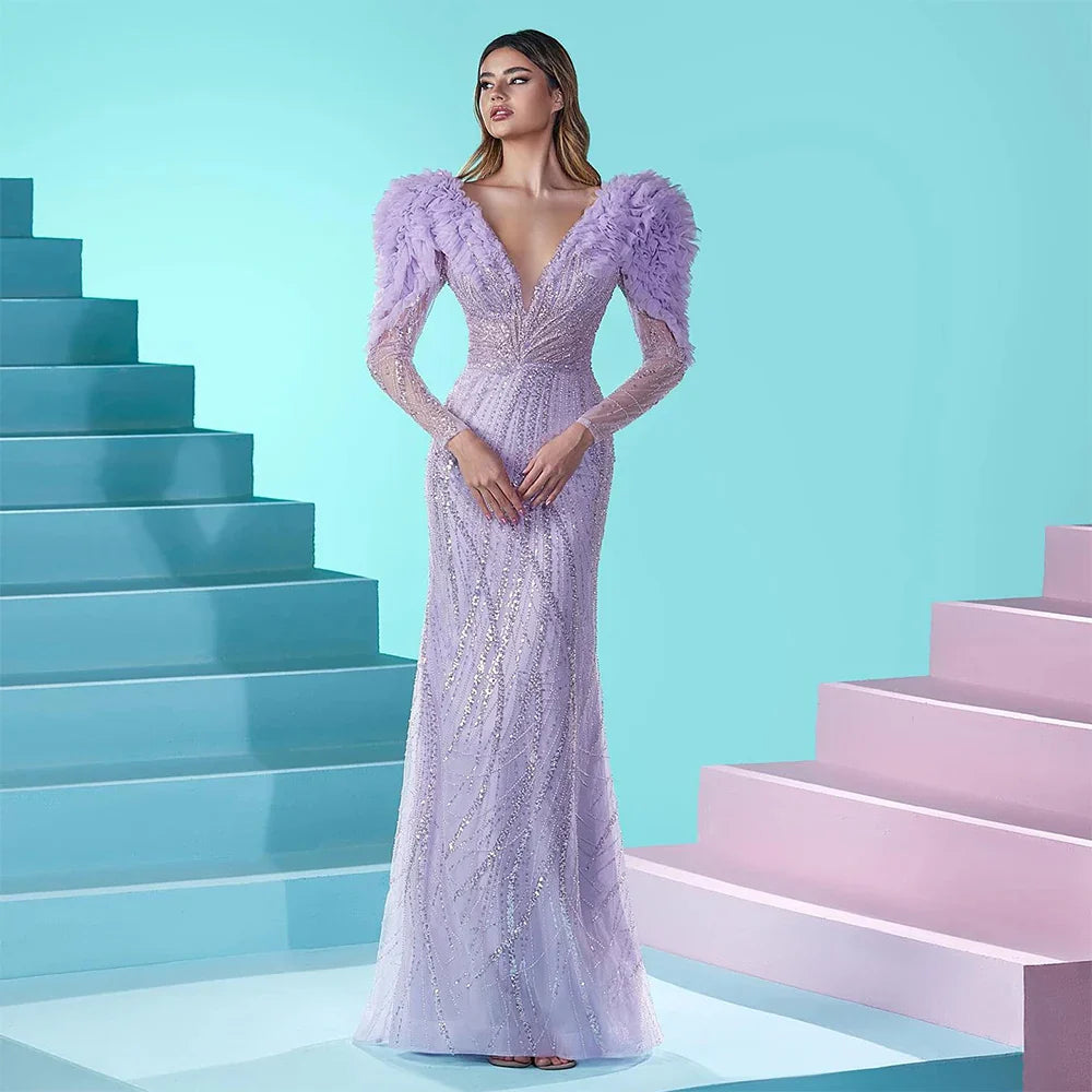 Vestido de noche de lujo estilo sirena, color lila, con escote en V, de Dubái, para mujer, para fiesta de boda, LA72471 