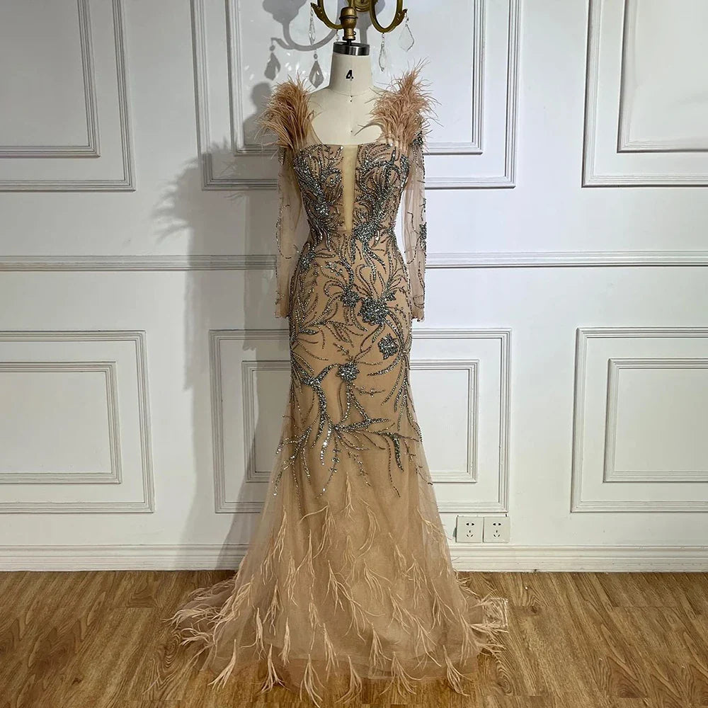 Luxus Dubai Nude One-Shoulder Perlen Federn Meerjungfrau Abendkleider Kleider für Frauen Hochzeit Party Kleid LA72508 