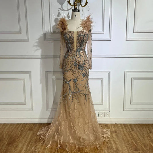Luxury Dubai Nude One Shoulder Beaded Feathers Mermaid Evening Dresses Gowns for Women Wedding Party Gown LA72508