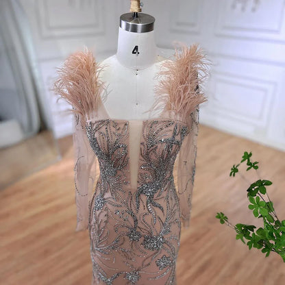 Luxury Dubai Nude One Shoulder Beaded Feathers Mermaid Evening Dresses Gowns for Women Wedding Party Gown LA72508