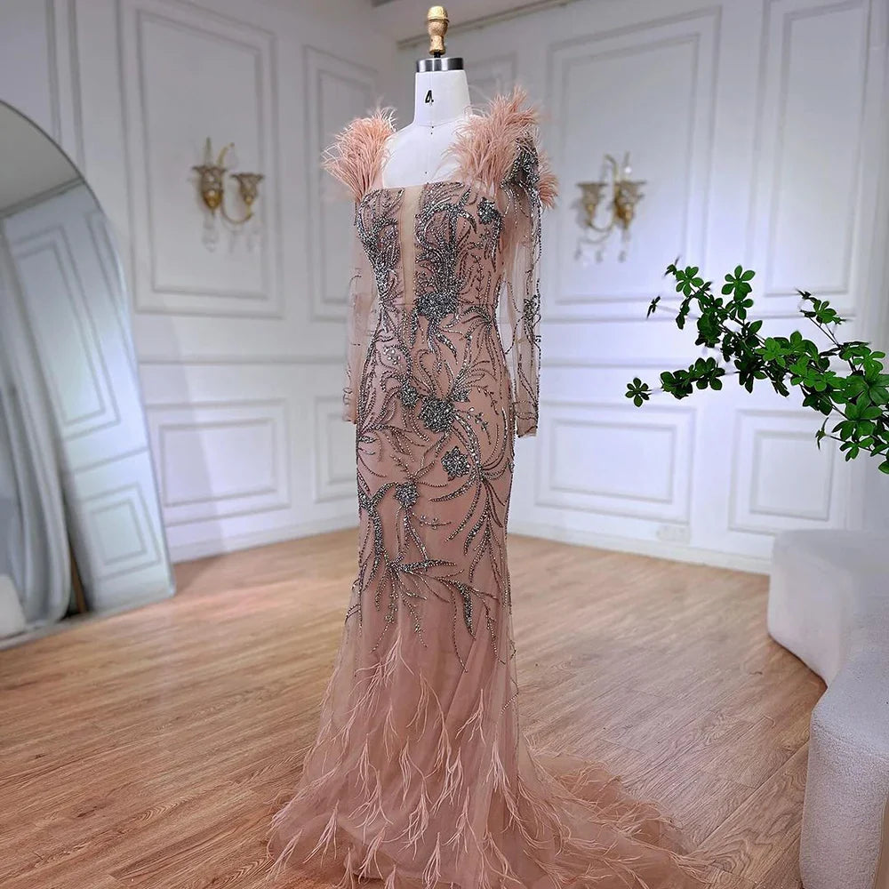 Vestido de noche de sirena de lujo, color nude, con un solo hombro, plumas y cuentas, para mujer, vestido de fiesta de boda LA72508 