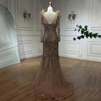 Luxus Dubai Nude One-Shoulder Perlen Federn Meerjungfrau Abendkleider Kleider für Frauen Hochzeit Party Kleid LA72508 