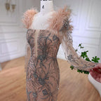 Vestido de noche de sirena de lujo, color nude, con un solo hombro, plumas y cuentas, para mujer, vestido de fiesta de boda LA72508 