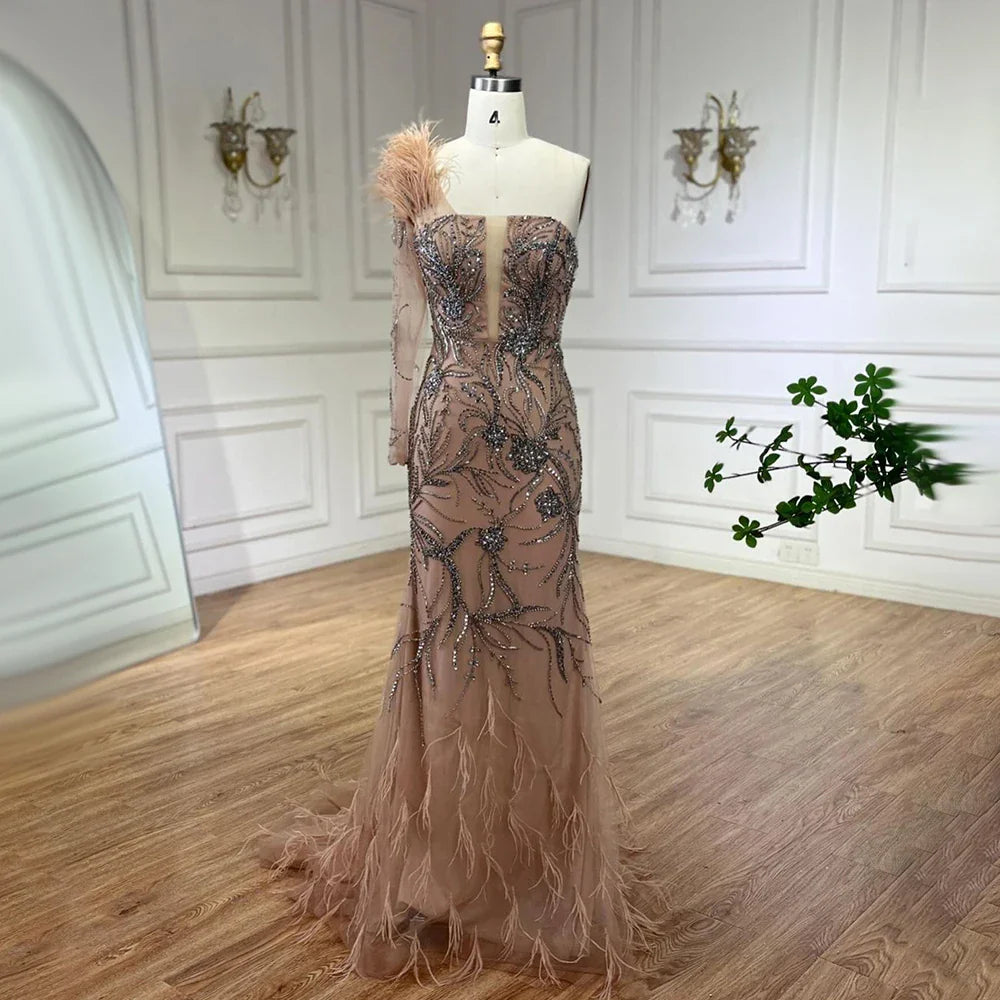 Luxus Dubai Nude One-Shoulder Perlen Federn Meerjungfrau Abendkleider Kleider für Frauen Hochzeit Party Kleid LA72508 