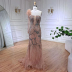 Vestido de noche de sirena de lujo, color nude, con un solo hombro, plumas y cuentas, para mujer, vestido de fiesta de boda LA72508 
