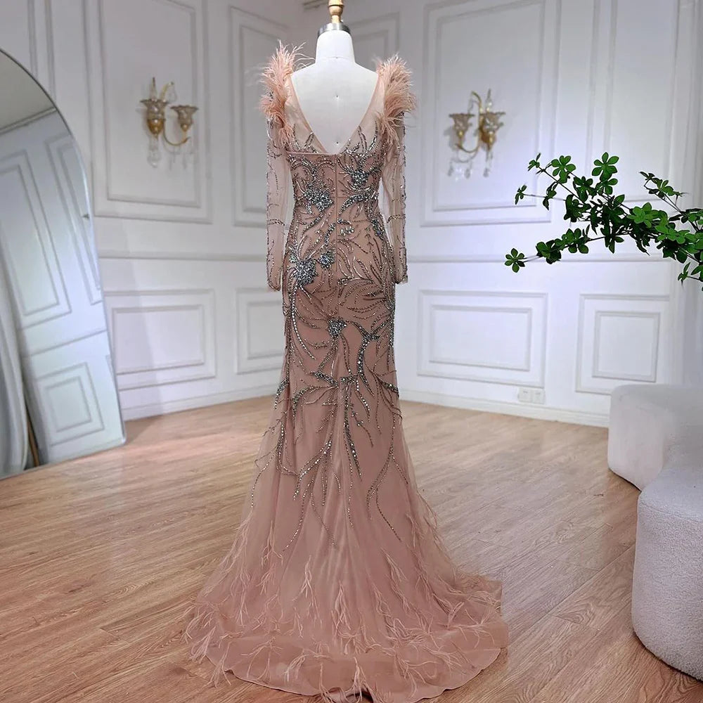 Vestido de noche de sirena de lujo, color nude, con un solo hombro, plumas y cuentas, para mujer, vestido de fiesta de boda LA72508 