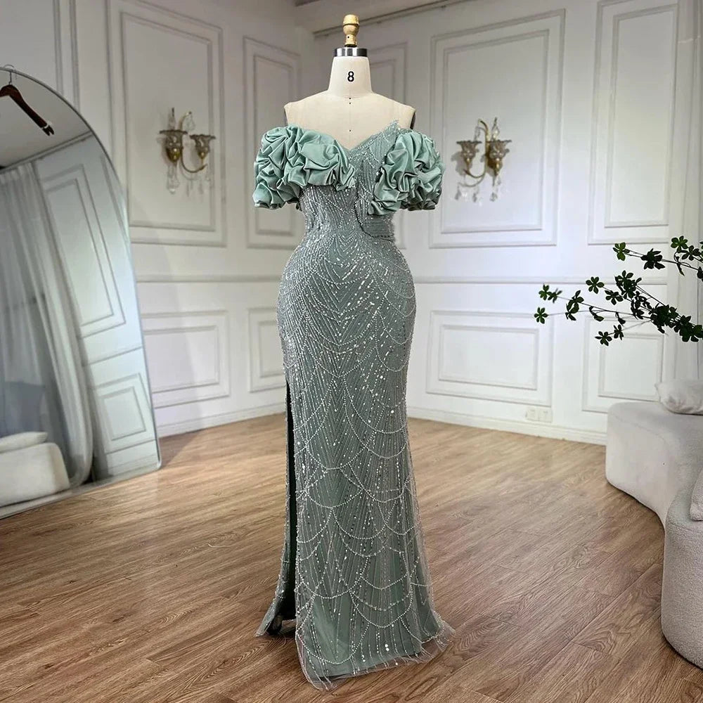 Luxus Dubai Off Schulter Meerjungfrau Sage Green Abendkleider Für Frauen Arabisch Hochzeit Party Kleid 2025 LA72281 