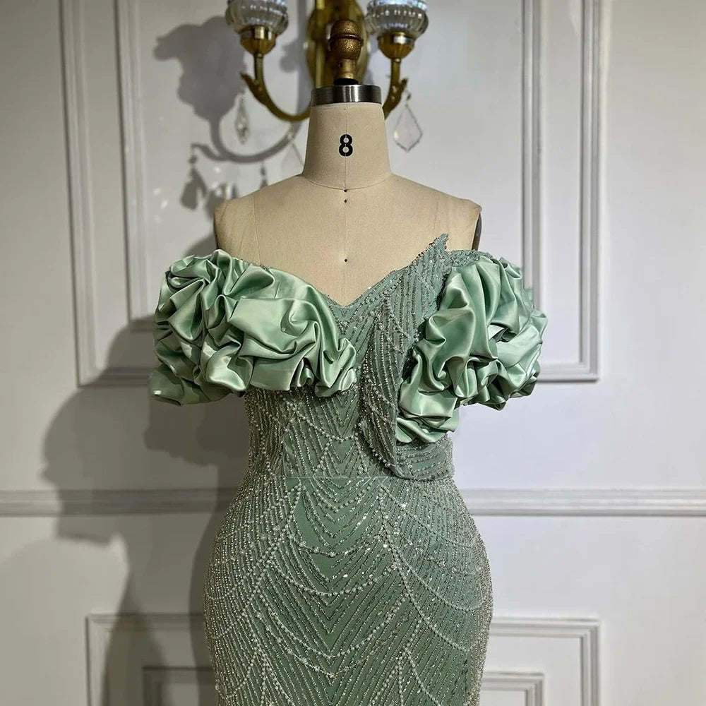 Luxus Dubai Off Schulter Meerjungfrau Sage Green Abendkleider Für Frauen Arabisch Hochzeit Party Kleid 2025 LA72281 