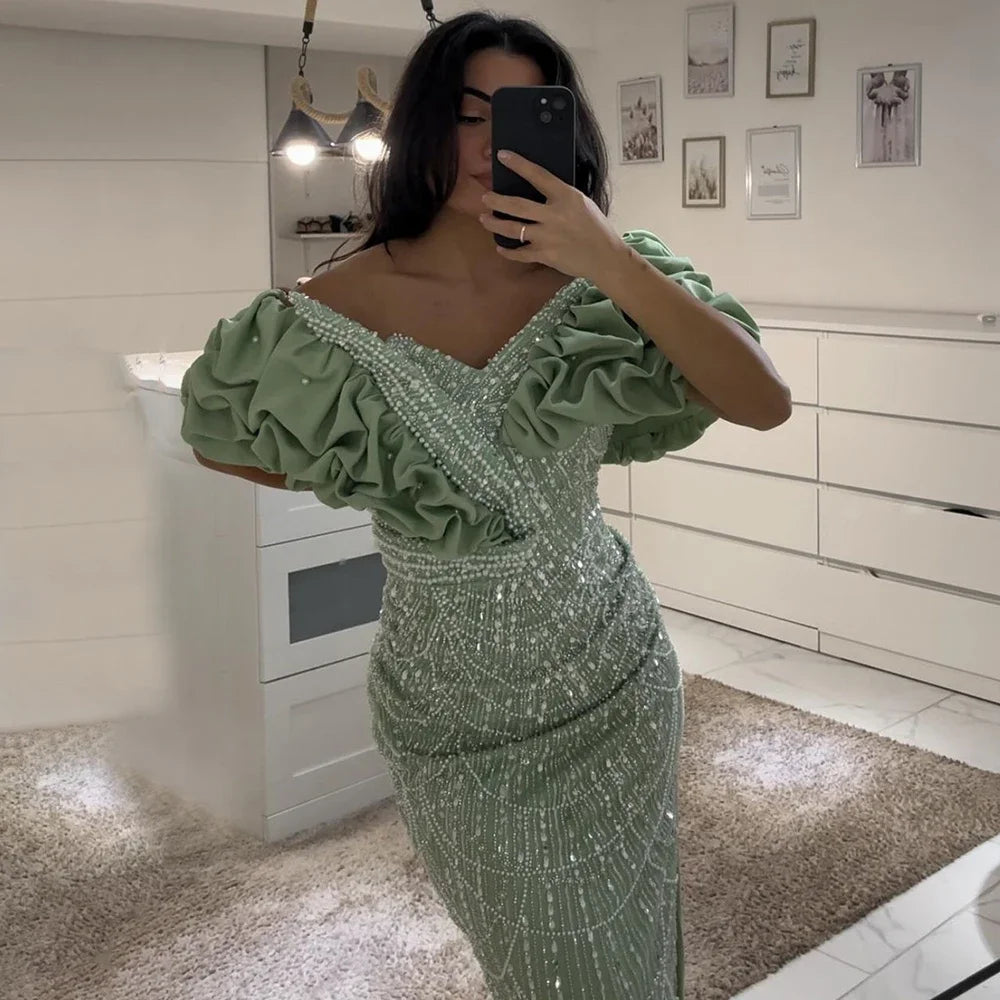 Luxus Dubai Off Schulter Meerjungfrau Sage Green Abendkleider Für Frauen Arabisch Hochzeit Party Kleid 2025 LA72281 