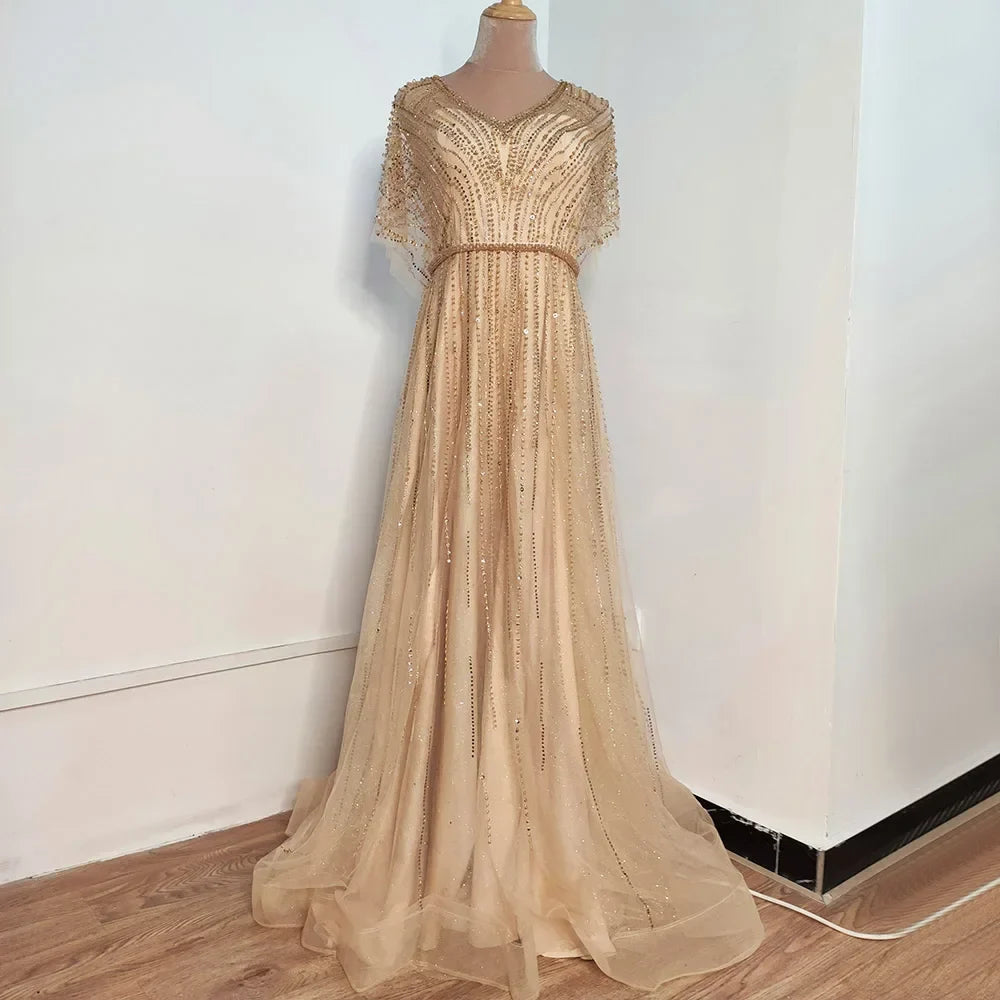 Luxury Dubai Red A-Line Elegant Evening Dresses Half Sleeves BeadedFor Woman Wedding Party 2025 LA70458