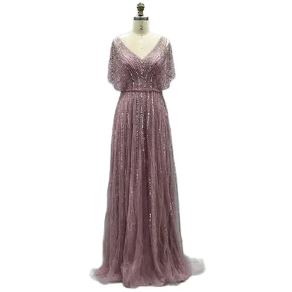 Luxury Dubai Red A-Line Elegant Evening Dresses Half Sleeves BeadedFor Woman Wedding Party 2025 LA70458