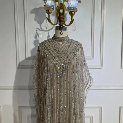 Luxus Dubai Silber Nude Cape Meerjungfrau Arabisch Perlen Abendkleid Damen Party 2025 LA72484 