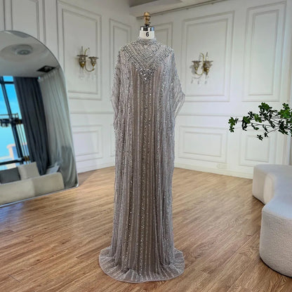 Luxus Dubai Silber Nude Cape Meerjungfrau Arabisch Perlen Abendkleid Damen Party 2025 LA72484 