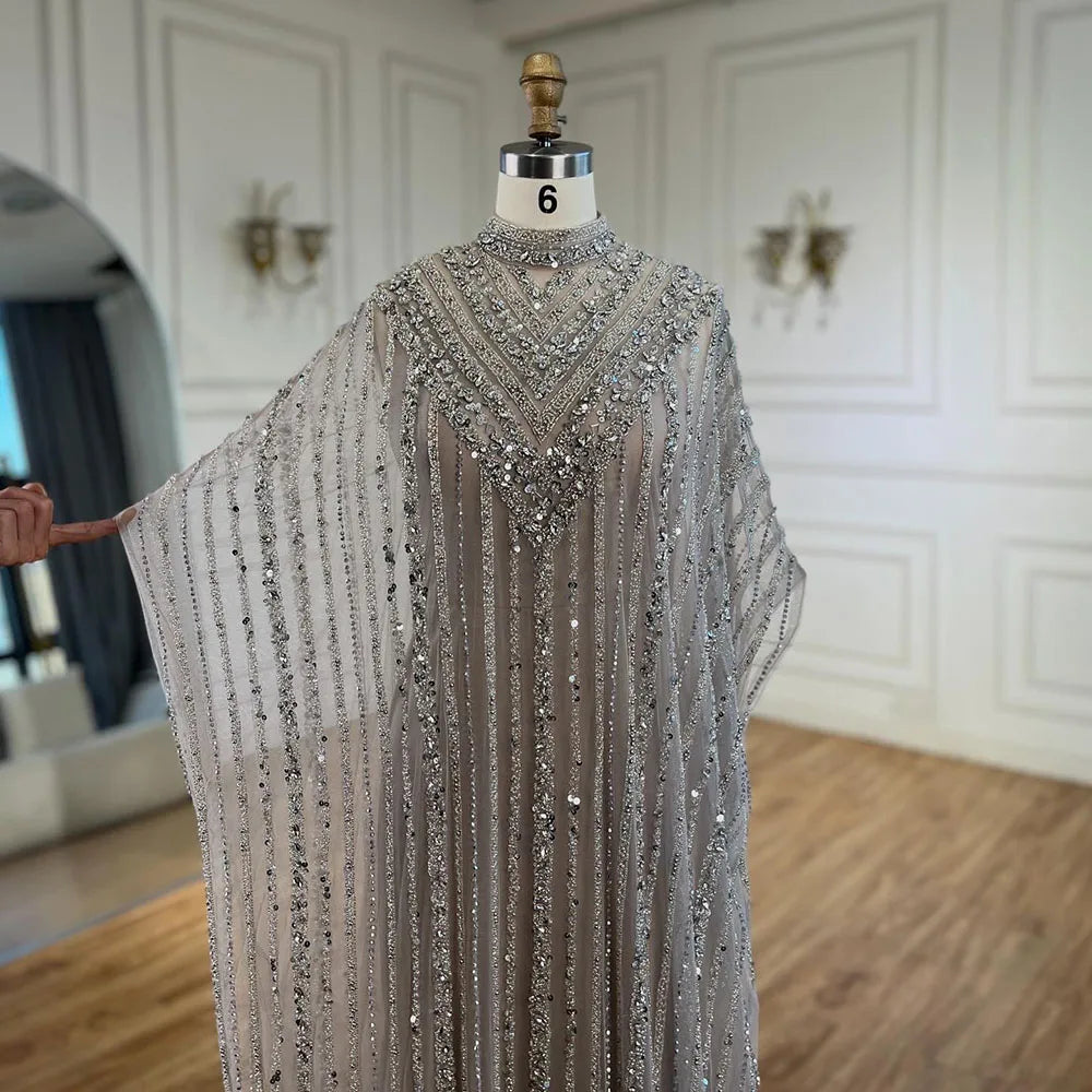 Luxus Dubai Silber Nude Cape Meerjungfrau Arabisch Perlen Abendkleid Damen Party 2025 LA72484 