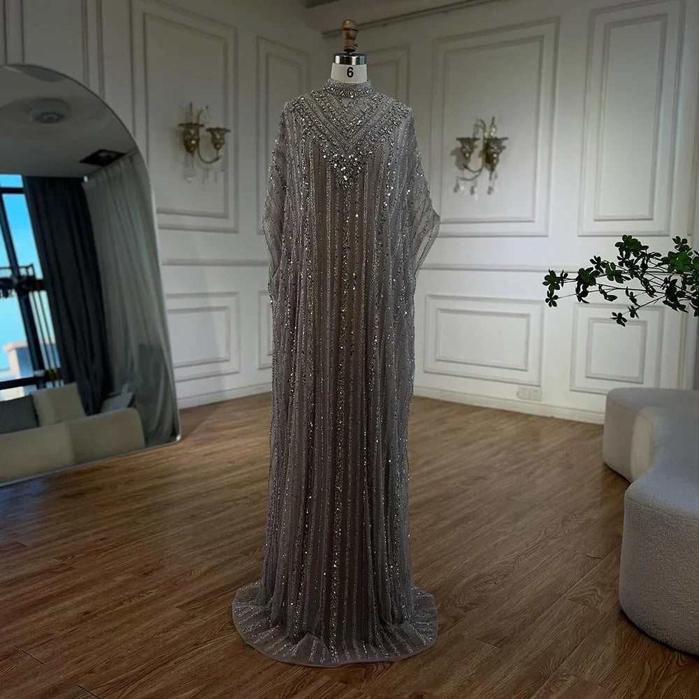 Luxus Dubai Silber Nude Cape Meerjungfrau Arabisch Perlen Abendkleid Damen Party 2025 LA72484 