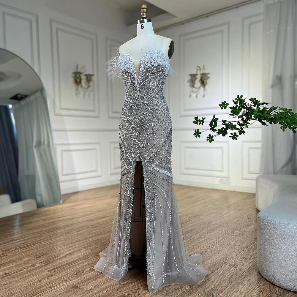 Vestido de noche de lujo de Dubái, blanco nude, sin tirantes, corte sirena, con cuentas y perlas, para mujer, para fiesta de boda LA72522 