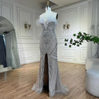 Vestido de noche de lujo de Dubái, blanco nude, sin tirantes, corte sirena, con cuentas y perlas, para mujer, para fiesta de boda LA72522 