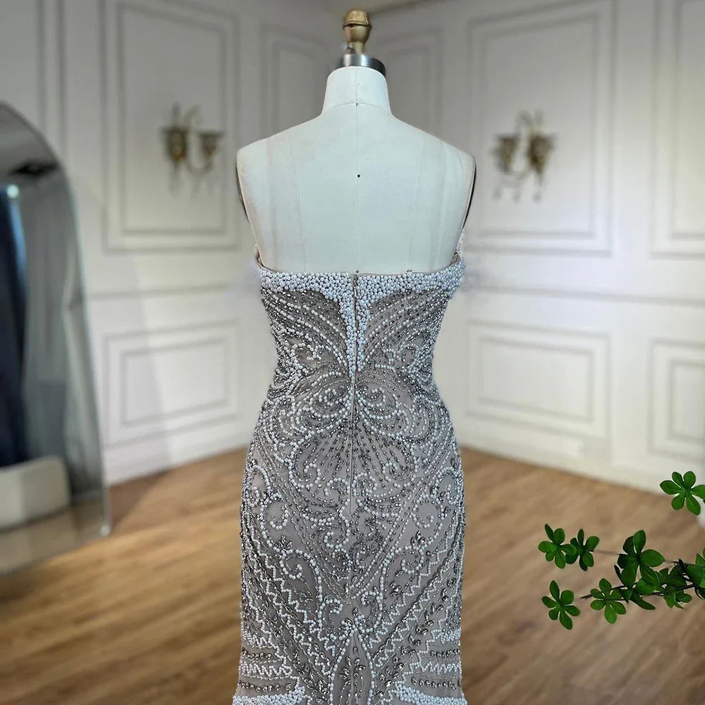 Vestido de noche de lujo de Dubái, blanco nude, sin tirantes, corte sirena, con cuentas y perlas, para mujer, para fiesta de boda LA72522 