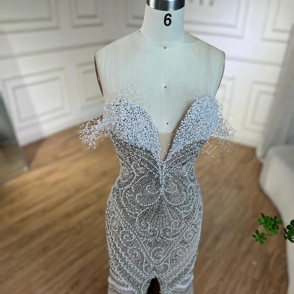 Vestido de noche de lujo de Dubái, blanco nude, sin tirantes, corte sirena, con cuentas y perlas, para mujer, para fiesta de boda LA72522 