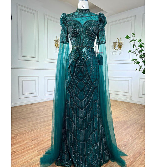 Luxury Emerald Green Evening Dresses with Cape Sleeves 2025 Elegant Women Wedding Party Gowns LA72077