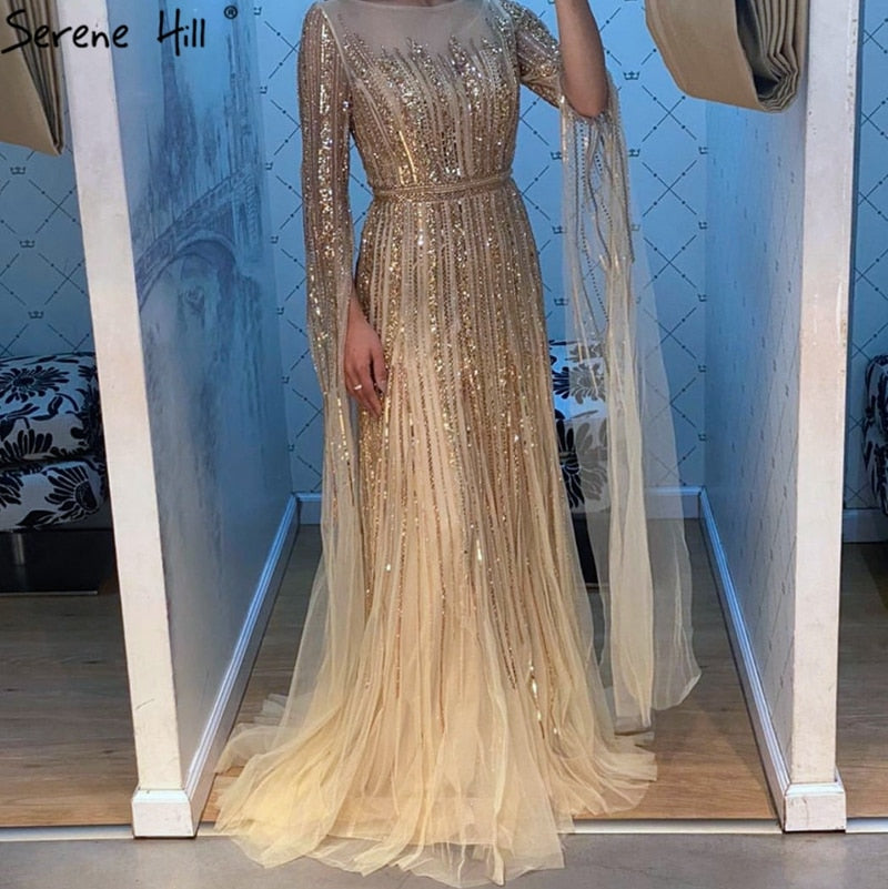 Luxus Gold Perlen A-Linie Cape Ärmeln Abendkleid Für Frau Kleider 2025 Fromal Kleid LA70637 