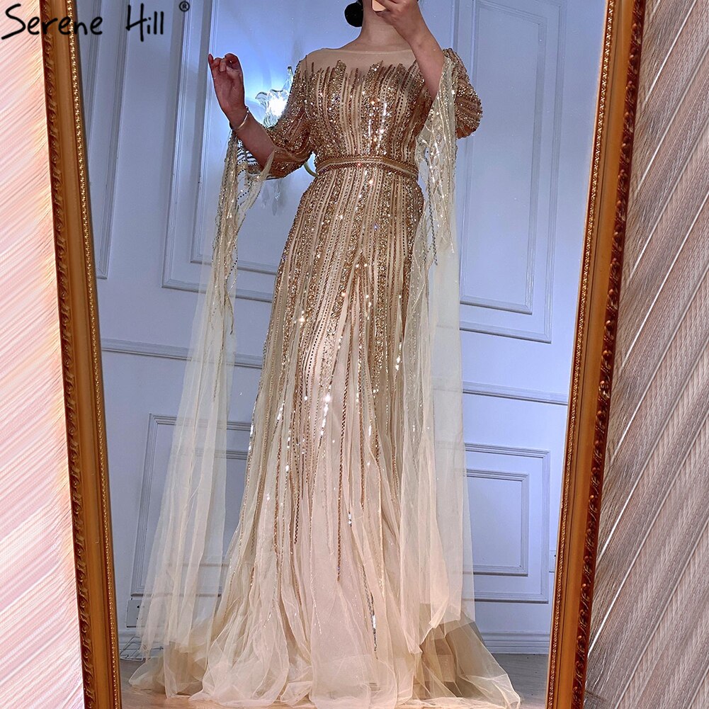 Luxus Gold Perlen A-Linie Cape Ärmeln Abendkleid Für Frau Kleider 2025 Fromal Kleid LA70637 
