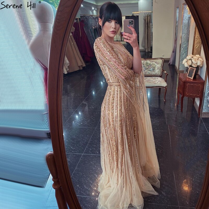 Luxus Gold Perlen A-Linie Cape Ärmeln Abendkleid Für Frau Kleider 2025 Fromal Kleid LA70637 