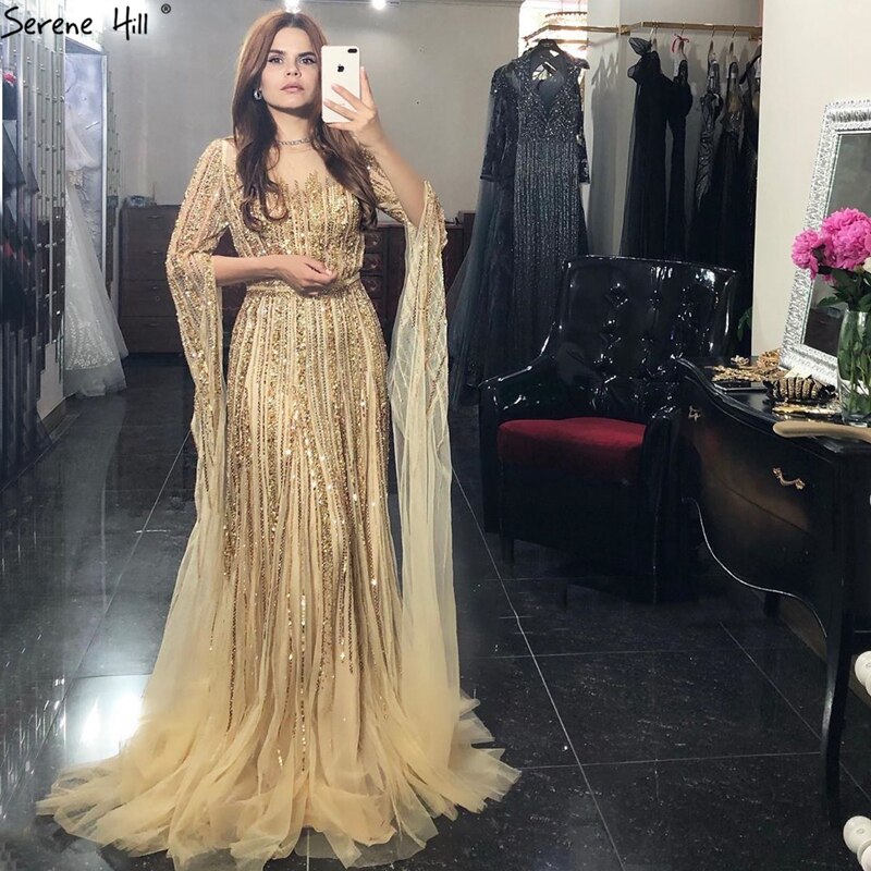 Luxus Gold Perlen A-Linie Cape Ärmeln Abendkleid Für Frau Kleider 2025 Fromal Kleid LA70637 