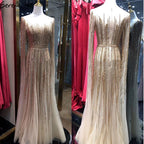 Luxus Gold Perlen A-Linie Cape Ärmeln Abendkleid Für Frau Kleider 2025 Fromal Kleid LA70637 