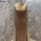 Luxus Gold Cape Ärmeln Abendkleider Kleider 2025 A-Linie Perlen Für Frau Hochzeit Party LA71416 