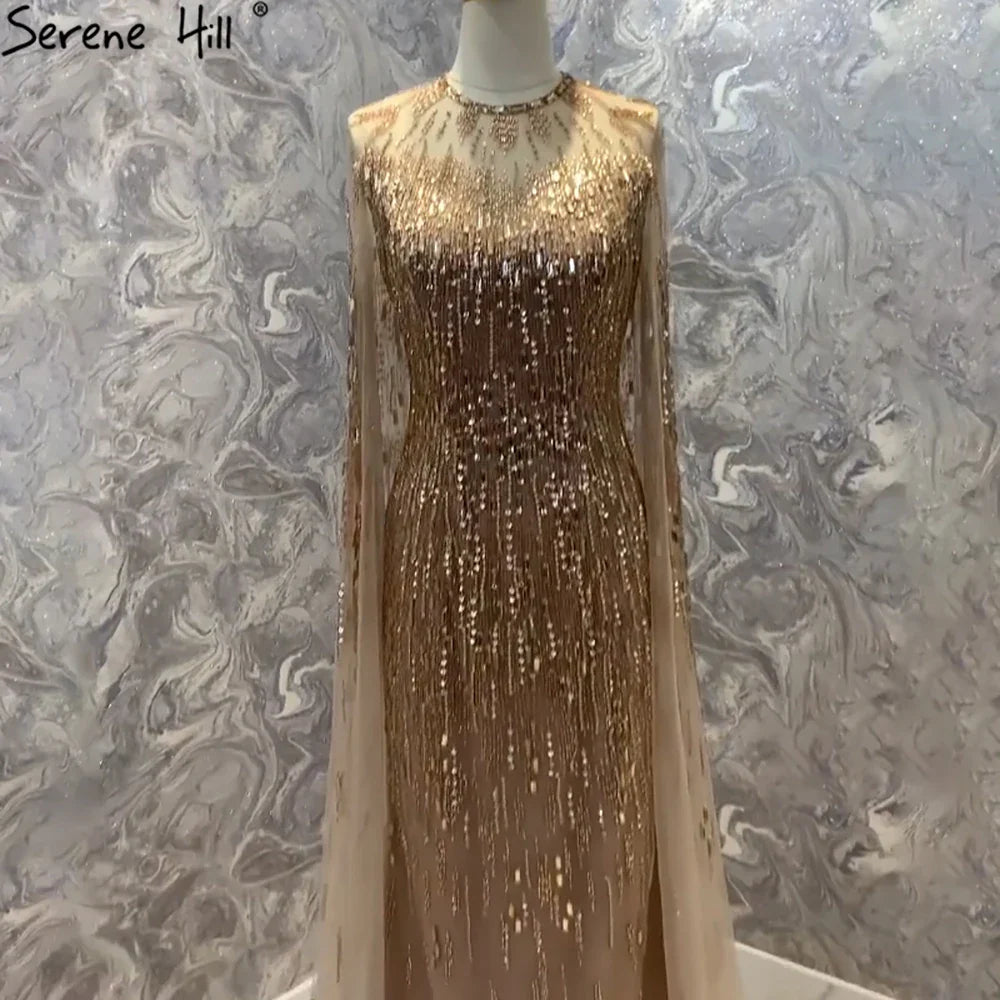 Luxus Gold Cape Ärmeln Abendkleider Kleider 2025 A-Linie Perlen Für Frau Hochzeit Party LA71416 
