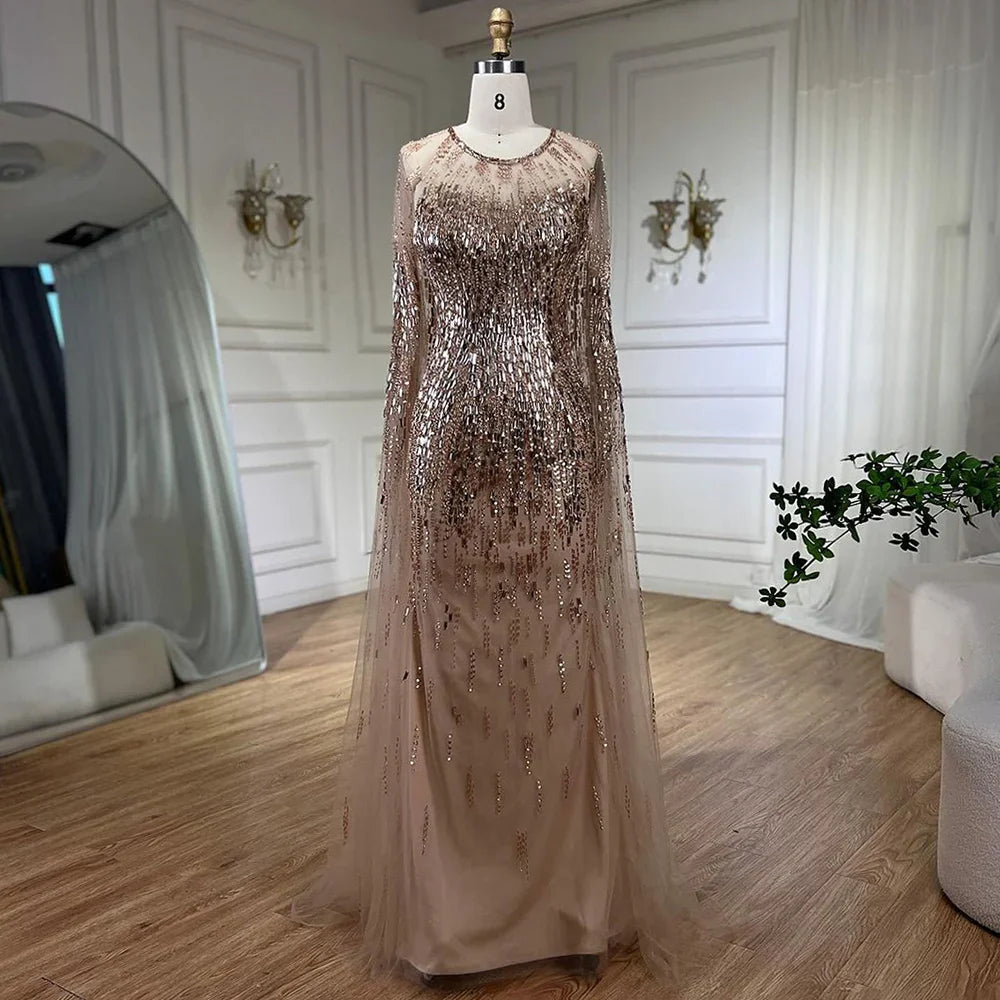 Luxus Gold Cape Ärmeln Abendkleider Kleider 2025 A-Linie Perlen Für Frau Hochzeit Party LA71416 