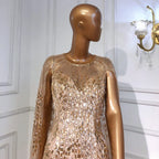 Luxus Gold Cape Ärmeln Abendkleider Kleider 2025 A-Linie Perlen Für Frau Hochzeit Party LA71416 