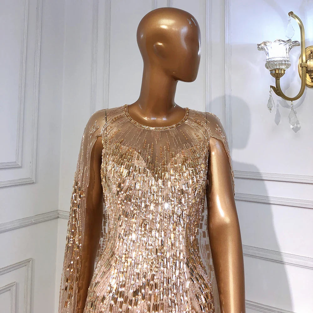 Luxus Gold Cape Ärmeln Abendkleider Kleider 2025 A-Linie Perlen Für Frau Hochzeit Party LA71416 