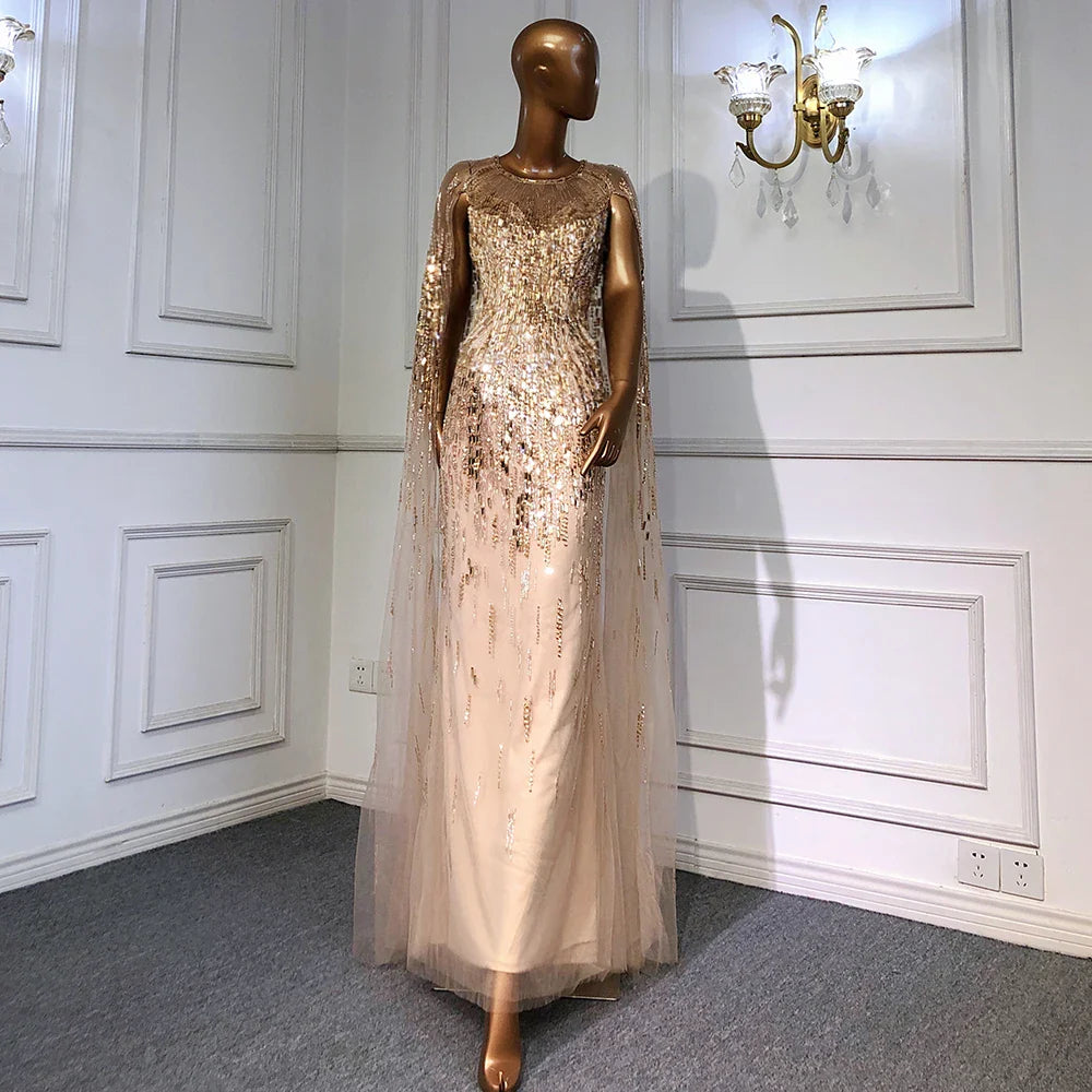 Luxus Gold Cape Ärmeln Abendkleider Kleider 2025 A-Linie Perlen Für Frau Hochzeit Party LA71416 
