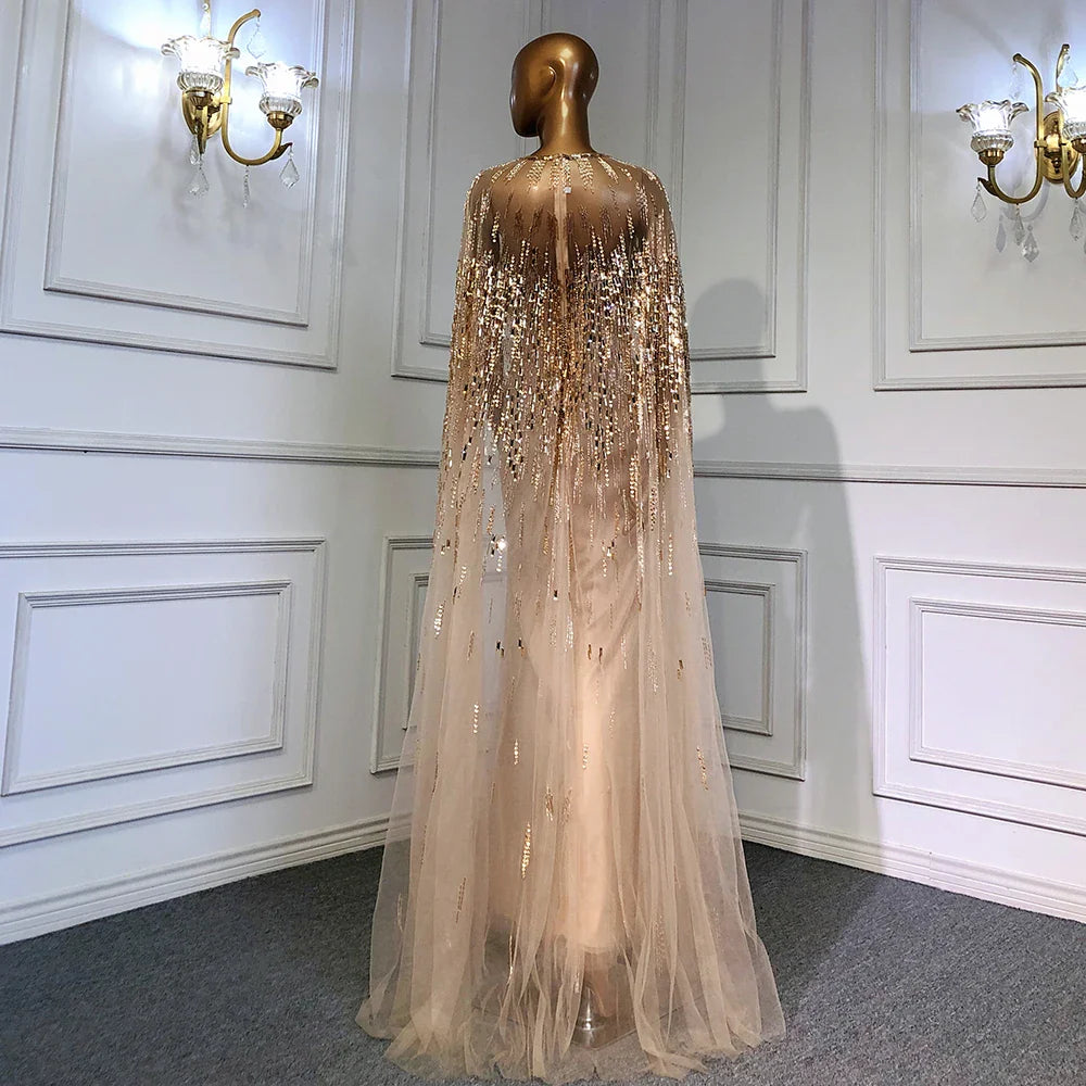 Luxus Gold Cape Ärmeln Abendkleider Kleider 2025 A-Linie Perlen Für Frau Hochzeit Party LA71416 