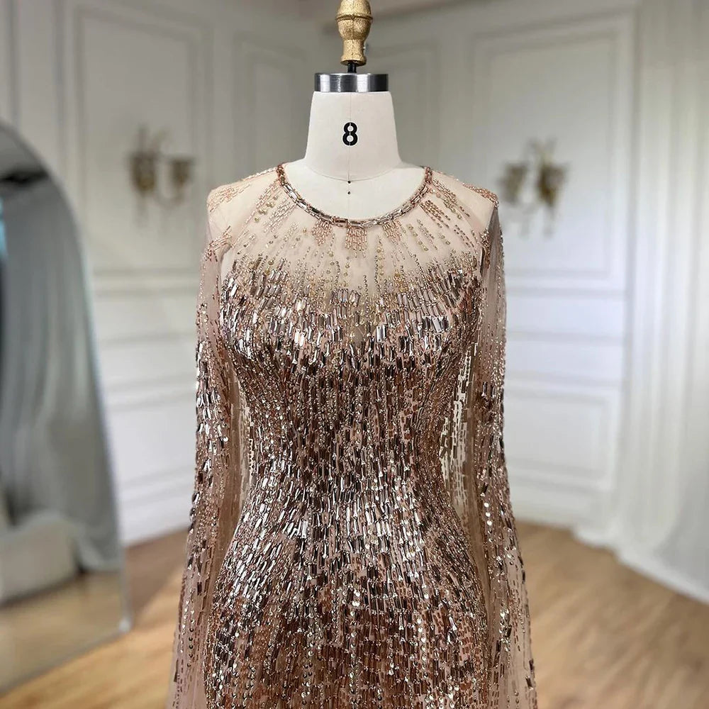 Luxus Gold Cape Ärmeln Abendkleider Kleider 2025 A-Linie Perlen Für Frau Hochzeit Party LA71416 