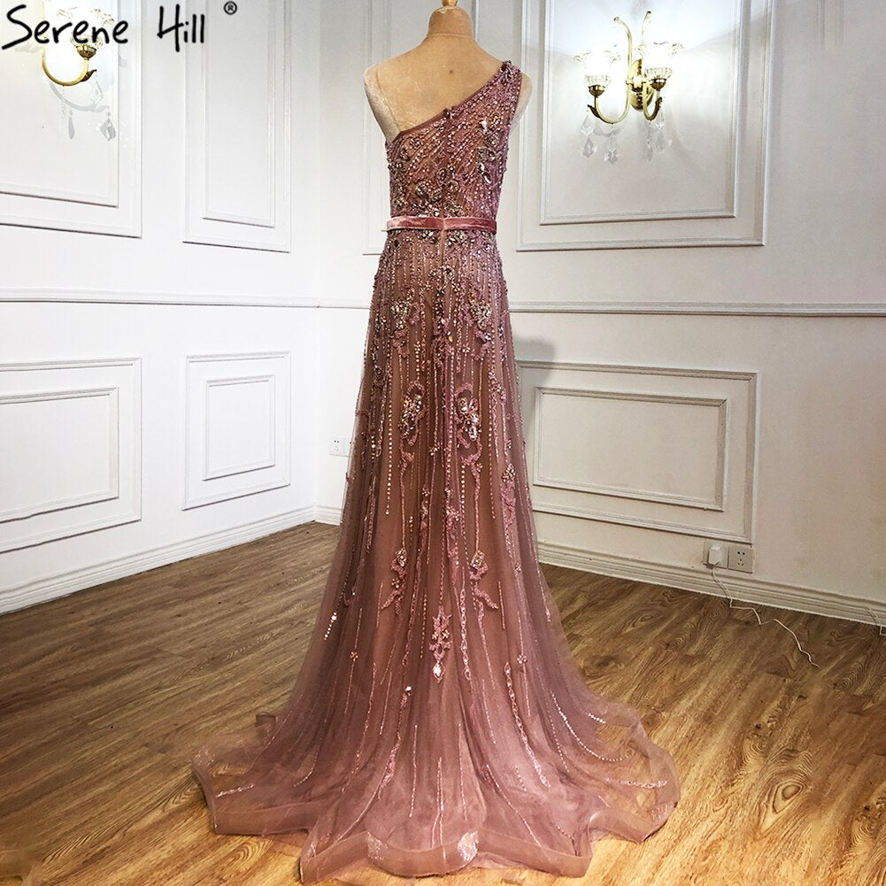 Vestidos de noche verdes de lujo, corte A, 2025, sexys, de un solo hombro y con cuentas, para mujer, fiesta, LA70921 