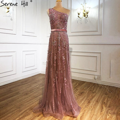 Vestidos de noche verdes de lujo, corte A, 2025, sexys, de un solo hombro y con cuentas, para mujer, fiesta, LA70921 