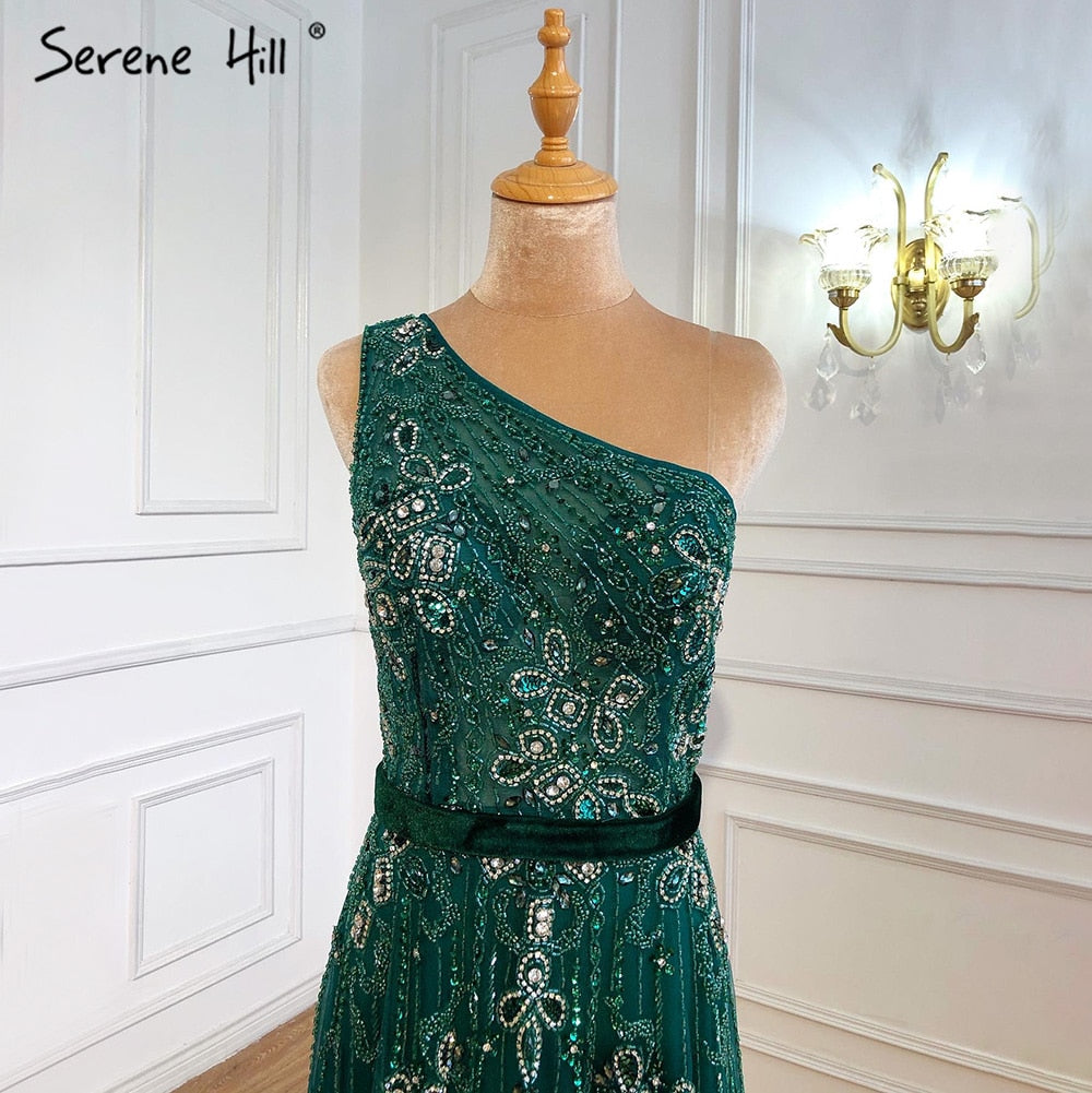 Vestidos de noche verdes de lujo, corte A, 2025, sexys, de un solo hombro y con cuentas, para mujer, fiesta, LA70921 