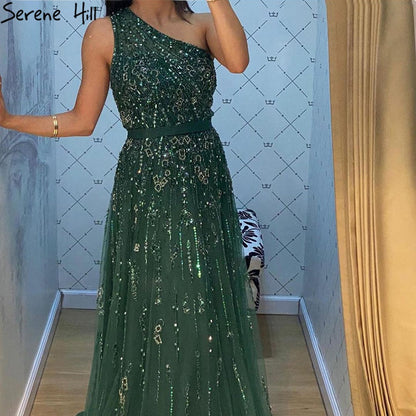 Vestidos de noche verdes de lujo, corte A, 2025, sexys, de un solo hombro y con cuentas, para mujer, fiesta, LA70921 