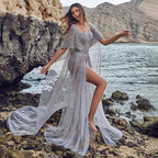 Vestidos de noche de lujo grises con corte en A y mangas estilo capa, con cuentas, estilo árabe, para graduación, LA71855 